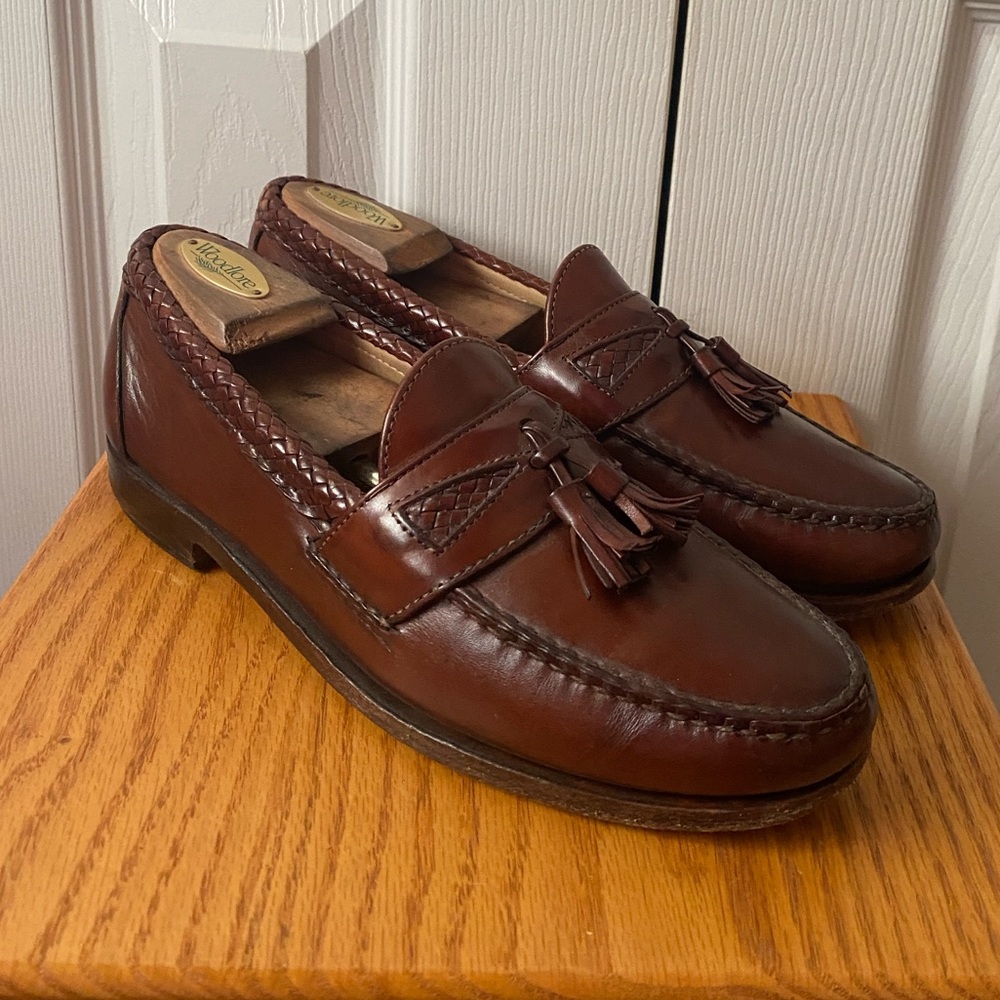 ALLEN EDMONDS Maxfield Chili Cognac Leather Braided Detail Tassel Loafers SZ 9B
